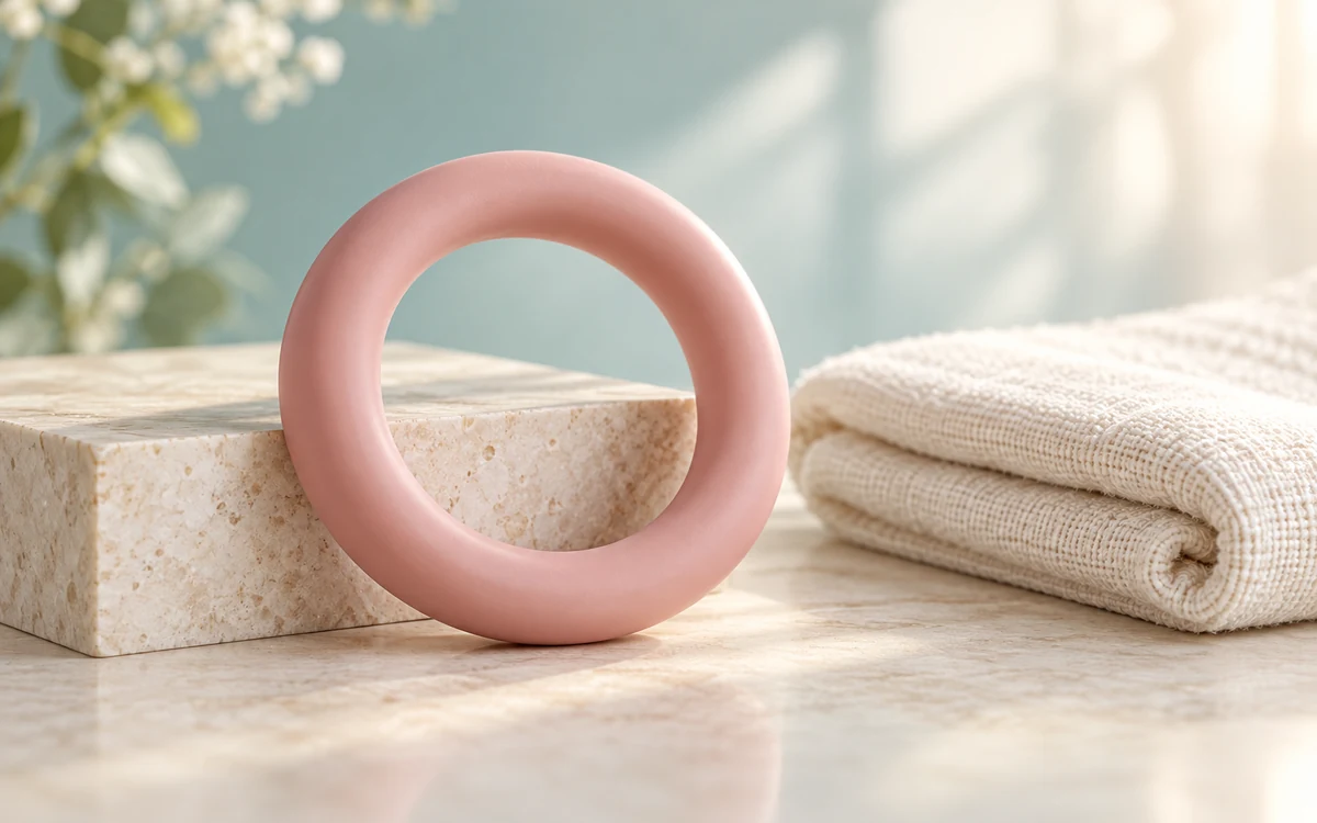Anneau de soutien de type pessaire rose posé sur un socle clair, illustration médicale douce.